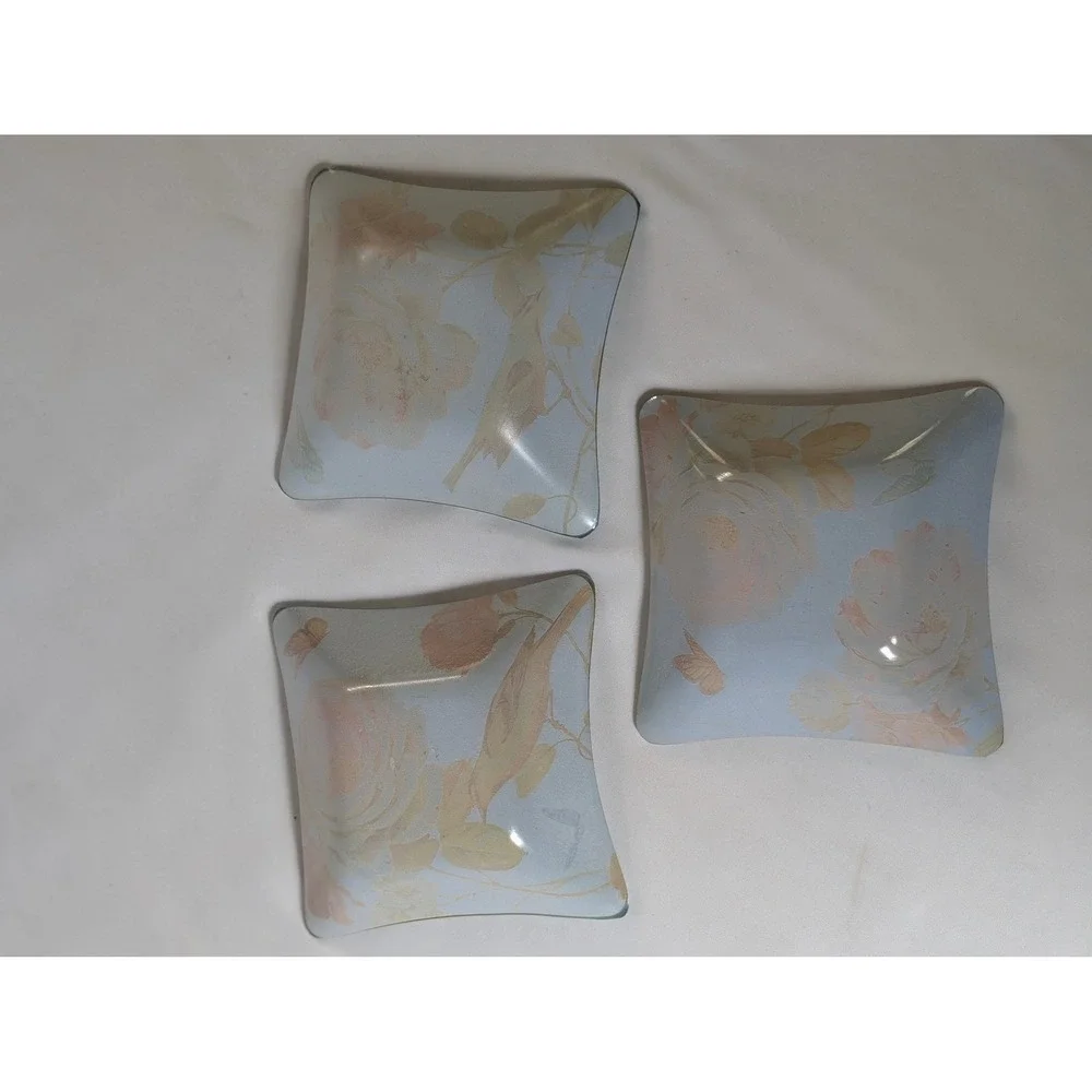 Set of 3 Lisa Audit Glass Trinket Dishes Floral Bird Butterfly Square Blue